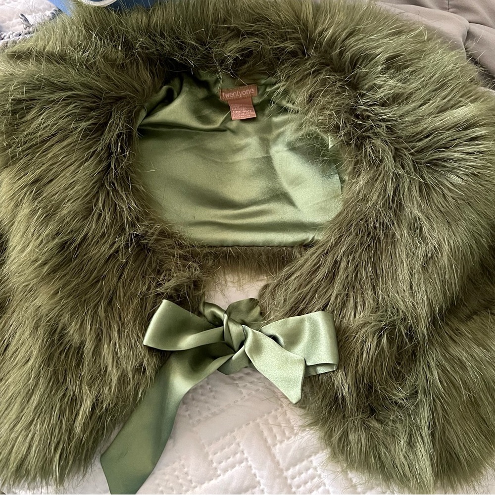 Forever 21 Olive Green Faux Fur Wrap with Satin Ribbon